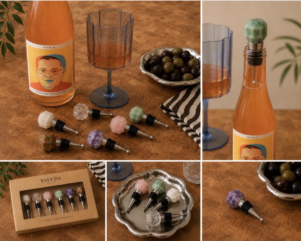 Faceted stone wine stoppers in rose quartz, amethyst, and other colorful minerals arranged on a warm surface