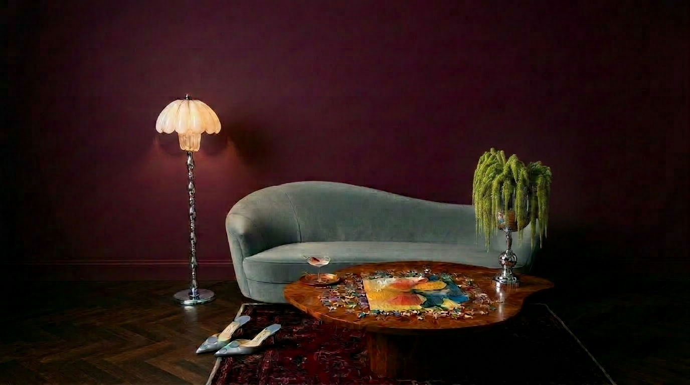 A painterly still life of art books, flowers, and collected objects in warm light